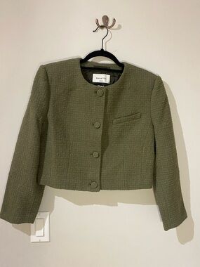Aritzia Acquire Olive Green Cropped Tweed Blazer